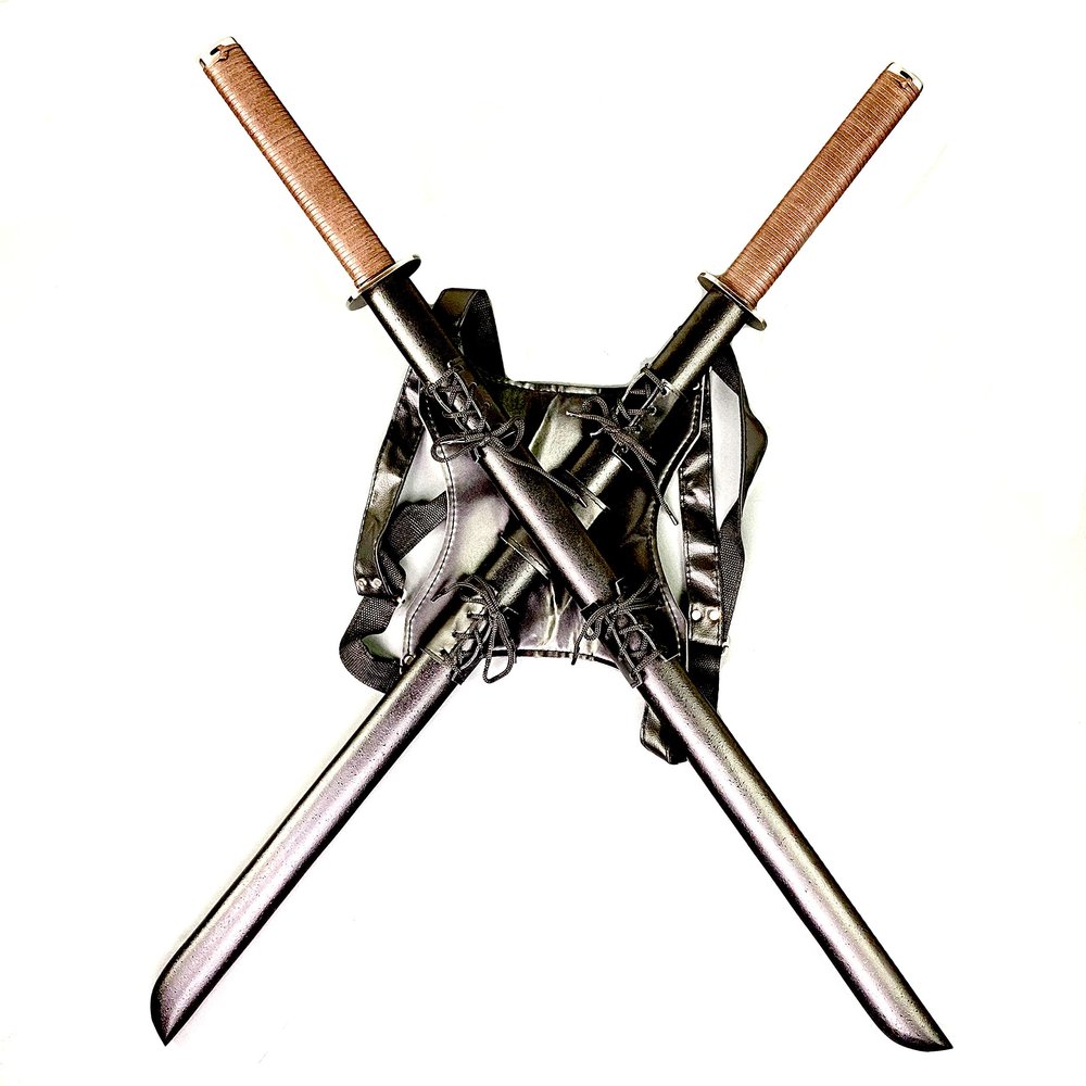 Fantasy Dual Samurai Swords Katanas with Back Carry Faux Leather Holder Sheath Frog. for Cosplay, Gifts, Collection, Outdoor Practice Swing