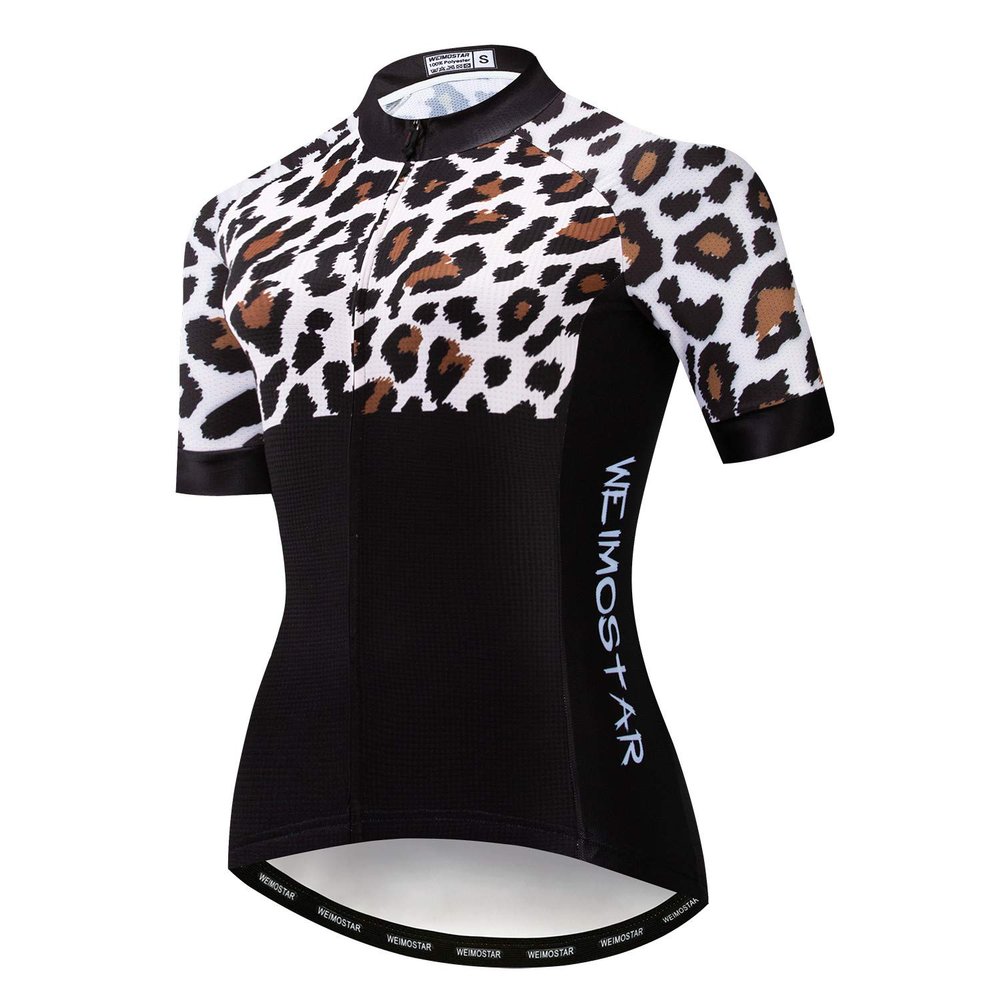 PSPORT Leopard Womens Cycling Jersey Short Sleeve Road Bike Shirts Ladies Bicycle Tops Biking Shirt for Woman with Pockets