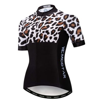 PSPORT Leopard Womens Cycling Jersey Short Sleeve Road Bike Shirts Ladies Bicycle Tops Biking Shirt for Woman with Pockets