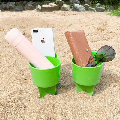 Home Queen Beach Cup Holder with Pocket, Multi-Functional Sand Cup Holder for Beverage Phone Sunglasses Key, Beach Accessory Drink Sand Coaster, 2-Pack, Green