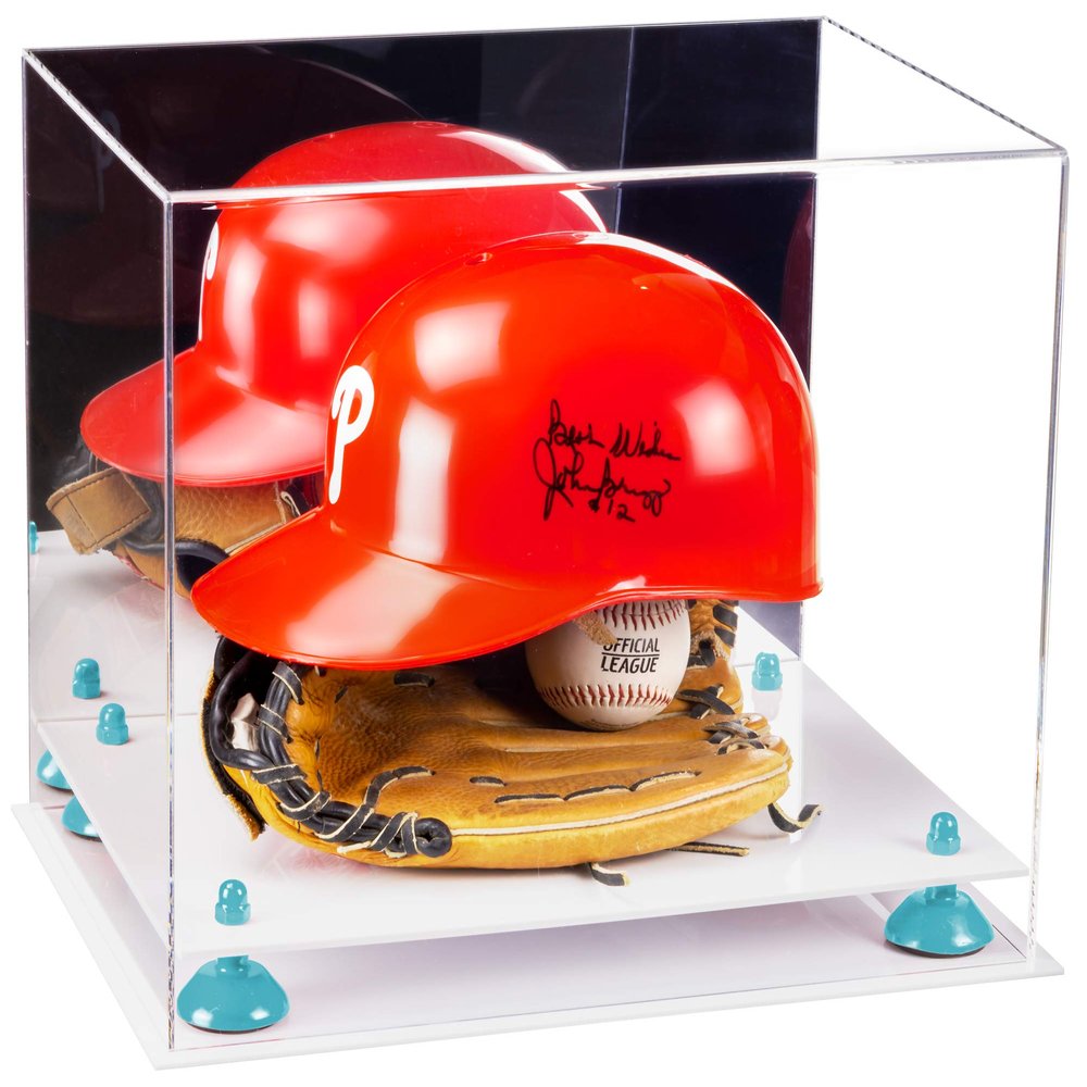 Better Display Cases Versatile Acrylic Display Case - Large Rectangle Box with Mirror, Light Blue Risers and White Base 14.5" x 11" x 12" (V44)