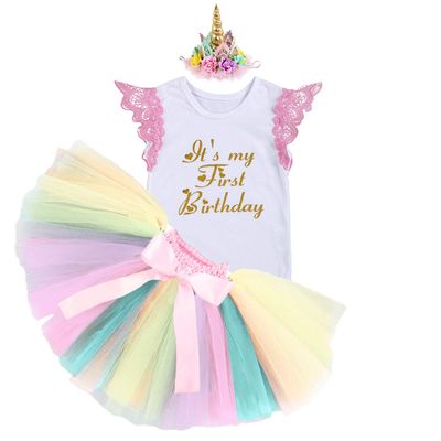 FMYFWY Baby Girls Unicorn Cake Smash 1st Birthday Princess Outfits Cotton Romper Rainbow Tutu Skirt Unicorn Headband Pink M