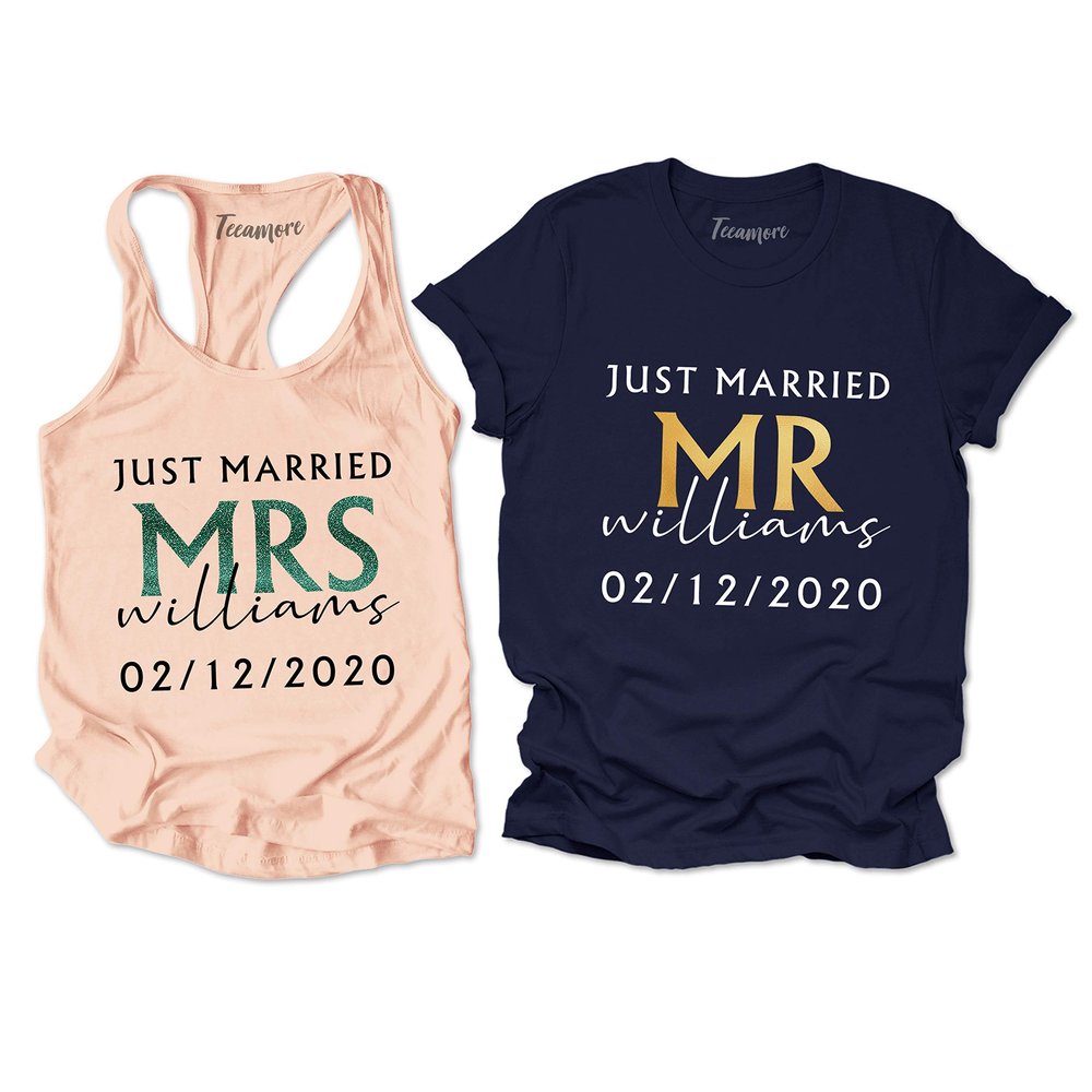 Just Married Shirt Personalized His and Her Tee Matching Newlywed Mrs Mr Outfits