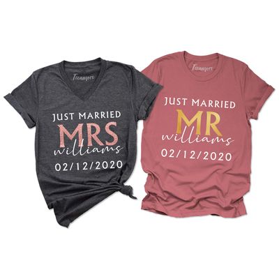 Just Married Shirt Personalized His and Her Tee Matching Newlywed Mrs Mr Outfits