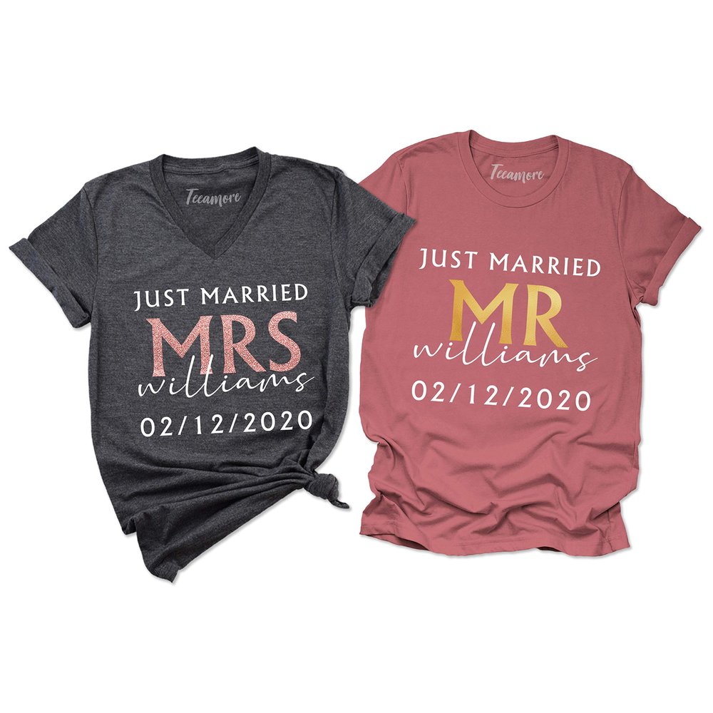 Just Married Shirt Personalized His and Her Tee Matching Newlywed Mrs Mr Outfits