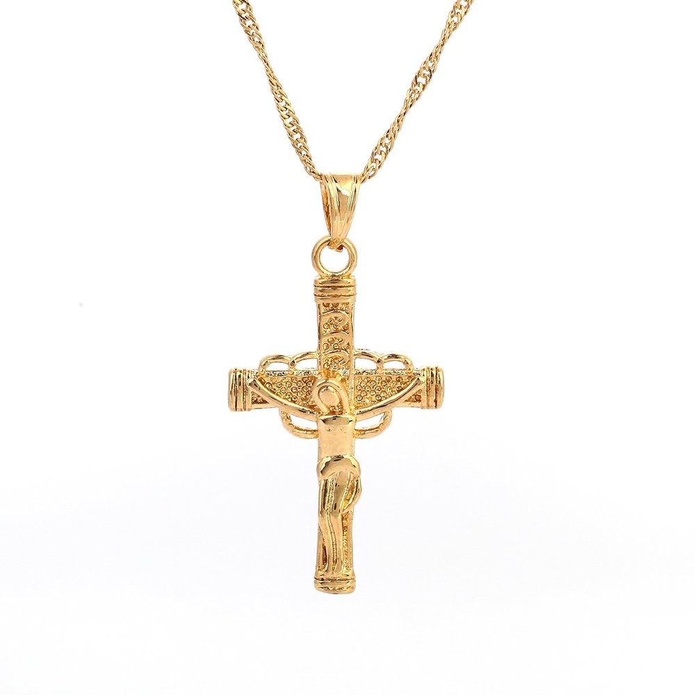 24k Gold Color Cross Orthodox Christianity Jewelry Church Cross Pendant Necklace