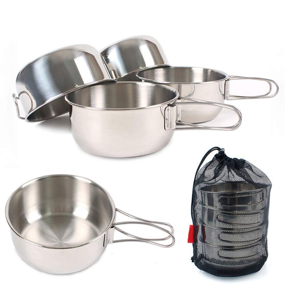 VALINK Folding Bowls Set 4Pcs/Set 650ml Stainless Steel Bowls, Portable Multi-Purpose Folding Combination Tableware Cooker Pot Set for Outdoor Picnic Camping Barbecue Travel