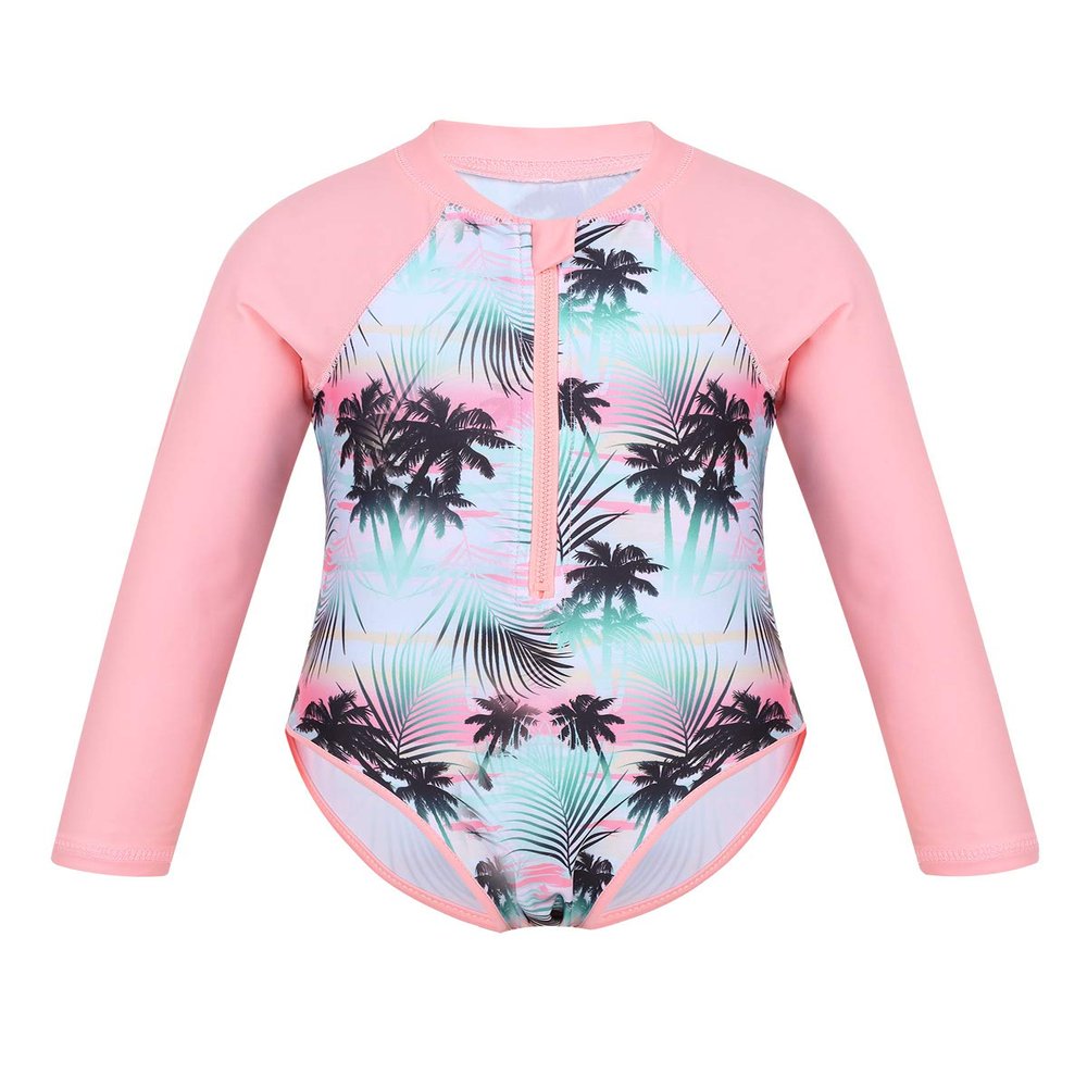 FEESHOW Kids Baby Girls Floral Long Sleeve Rash Guard Swimsuit Shirt Tops UV Sun Protective Swimwear Bathing Suit Pink Palm 12