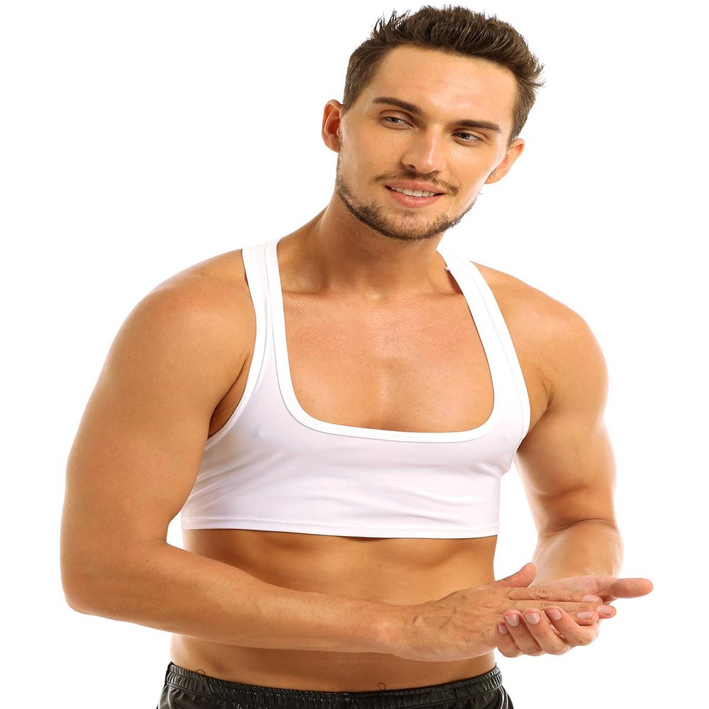 Hularka Men's Sleeveless Y-Back Muscle Half Tank Top Vest Tee Shirt Crop Top Sports T-Shirt White X-Large