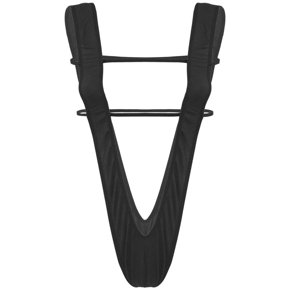 FEESHOW Womens One-Piece Minimal Cover V Shaped G-String Bikini Slingshot Monokini Swimwear Black #2 One Size