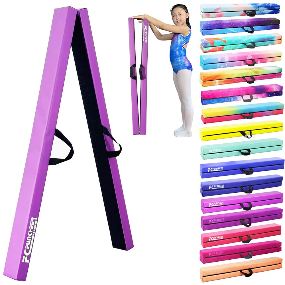 FC FUNCHEER 8FT Folding Balance Beam Gymnastics Beam Wood core Floor Beam with Anti-Slip Bottom Stainless Hinge and Carrying Bag (Polyester, Light Purple)