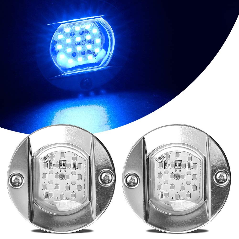 HUSUKU LED Marine Courtesy Lights, 316 Stainless Steel, SOOP3 P0-1 1200LM 3" Blue Round 18LED IP65 Boat Transom Mount Light, Waterproof LED Lights Stern/Interior/Cockpit/Pontoon/Marine Lights 10-36V