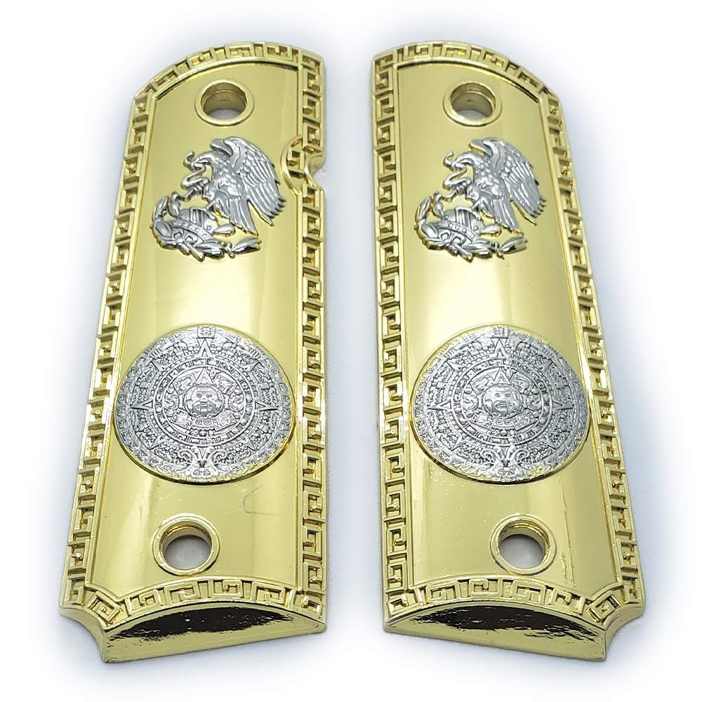 1911 Grips Gold Nickel Plated Full Size Aztec Ambi Safety Cut Grips