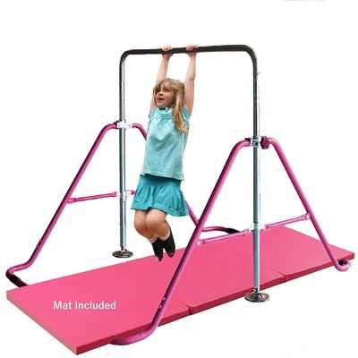 Athletic Bar Kids Kip Gymnastics Bar Training Horizontal Kip Bar + 2x6 Tri Fold Mat Junior Training Adjustable Expandable Height Jungle Gym Monkey Bars Climb Tower Children Boys and Girls (Pink)