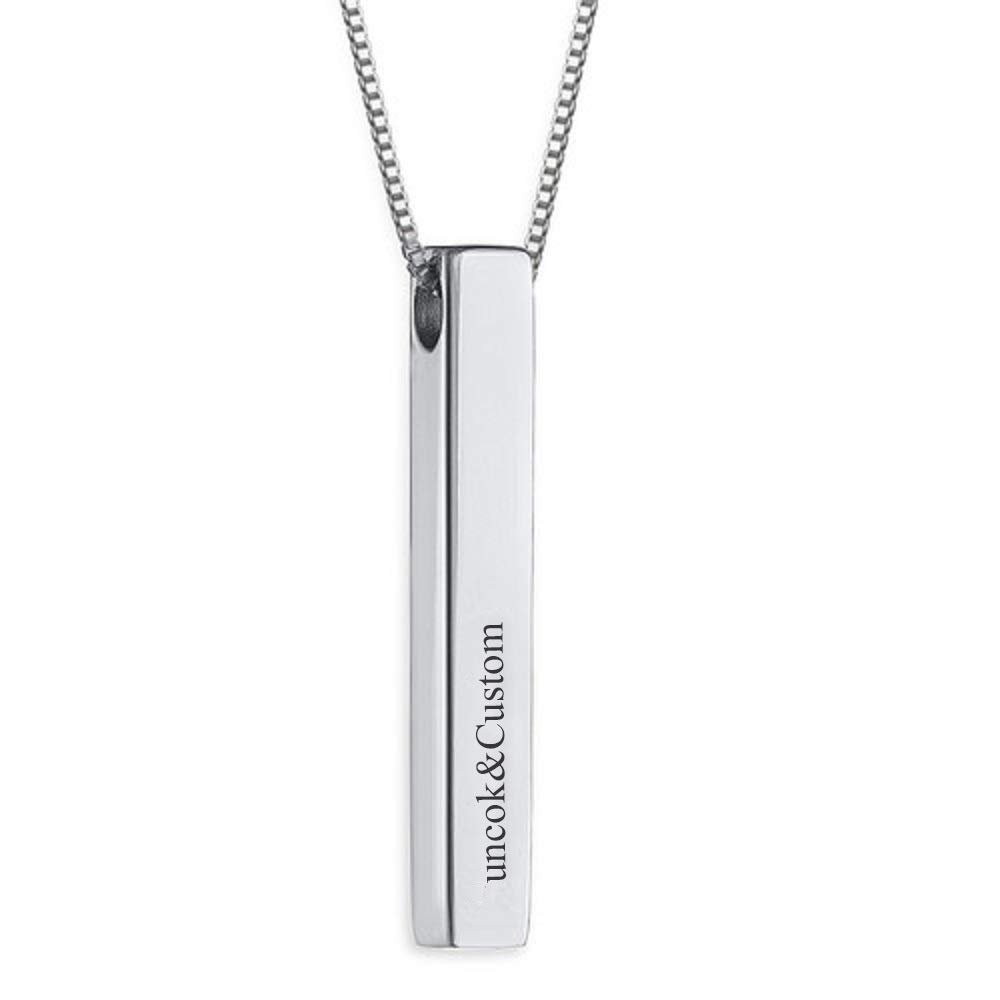 925 Sterling Silver Personalized 4 Sides Vertical Bar Pendant Necklace Custom Made with Any Message Text (925 Sterling Silver)