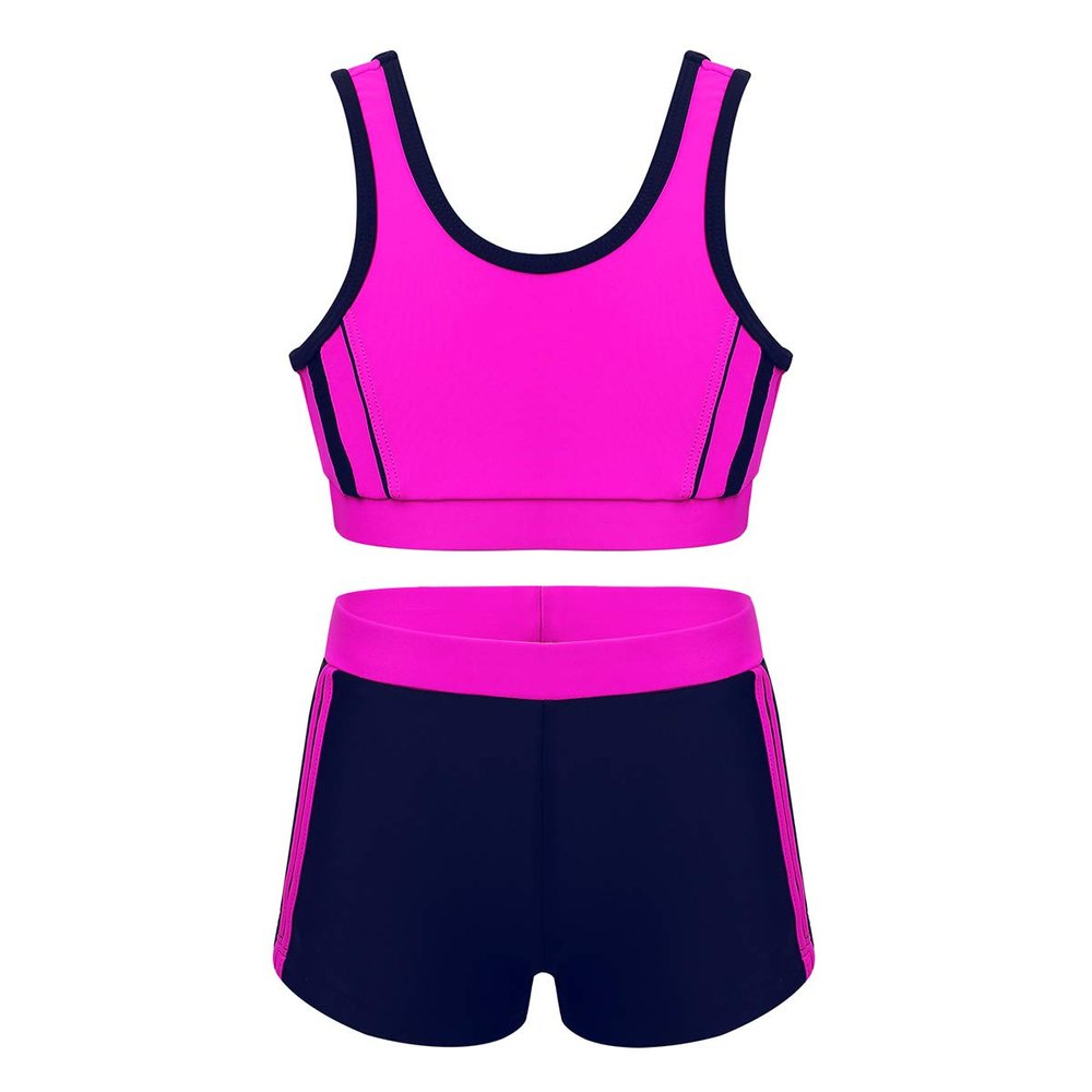 Hularka Kids Girls Athletics Tankini Set 2PCS Swimsuit Bathing Suit Set Tops with Bottoms Swimwear Swim Outfits Beachwear Rose Red 3-4