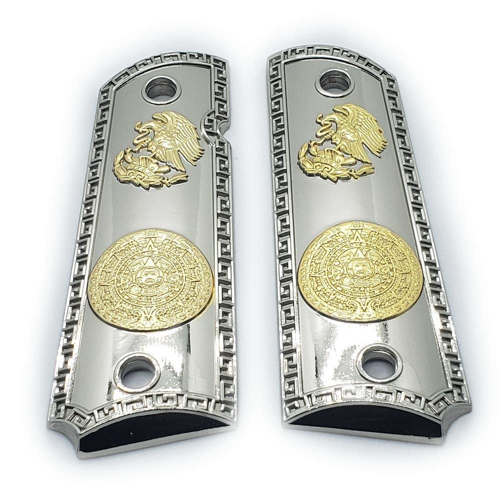 1911 Grips Nickel Gold Plated Full Size Aztec Calendar Ambi Safety Cut
