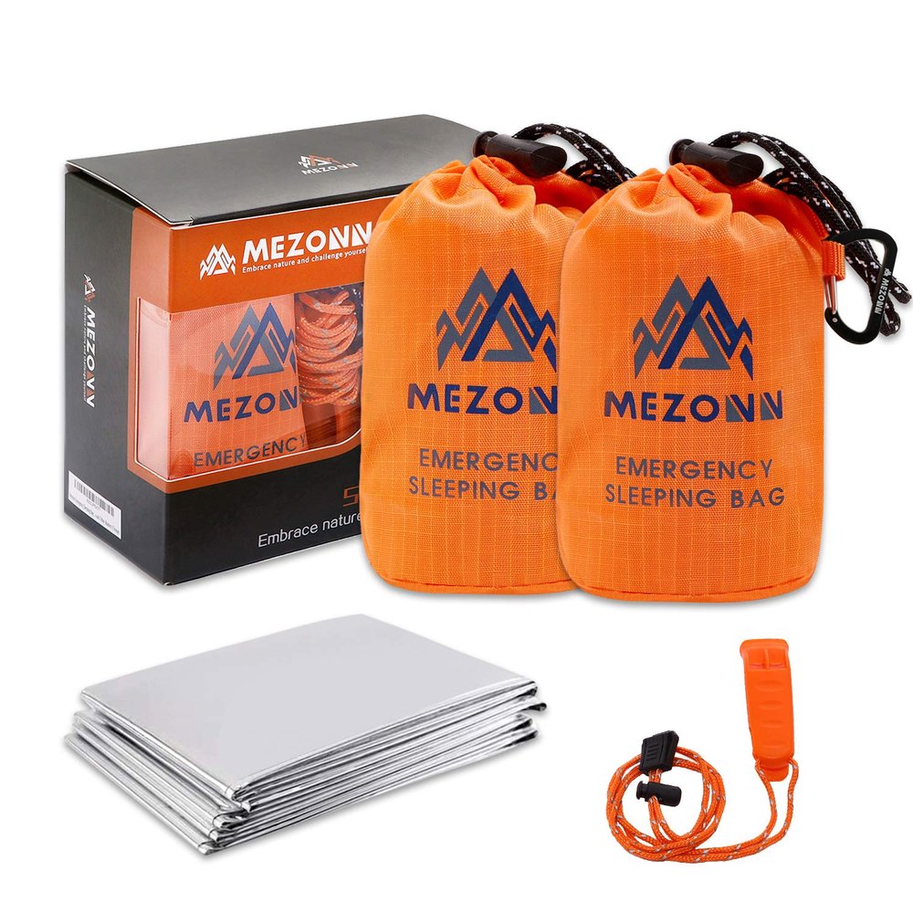 Mezonn Emergency Sleeping Bag Survival Bivy Sack Use as Emergency Blanket Lightweight Survival Gear for Outdoor Hiking Camping Keep Warm After Earthquakes, Hurricanes and Other disasters (Orange Set)