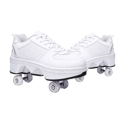 Automatic Walking Shoes Invisible Roller Skate 2 in 1 Removable Pulley Skates Skating Double-Row Deform Wheel Deformation (Low Waist Silver, US 7)