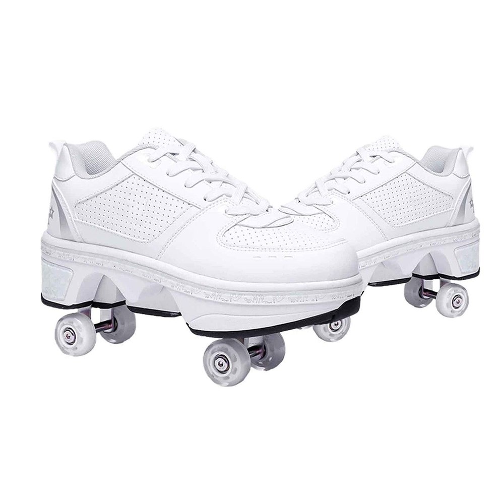 Automatic Walking Shoes Invisible Roller Skate 2 in 1 Removable Pulley Skates Skating Double-Row Deform Wheel Deformation (Low Waist Silver, US 9)