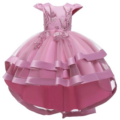 FMYFWY Girls Embroidery High Low Tulle Dresses Cap Sleeves Princess Wedding Birthday Pageant Formal Party Evening Dance Gown Dusty Rose 11-12T