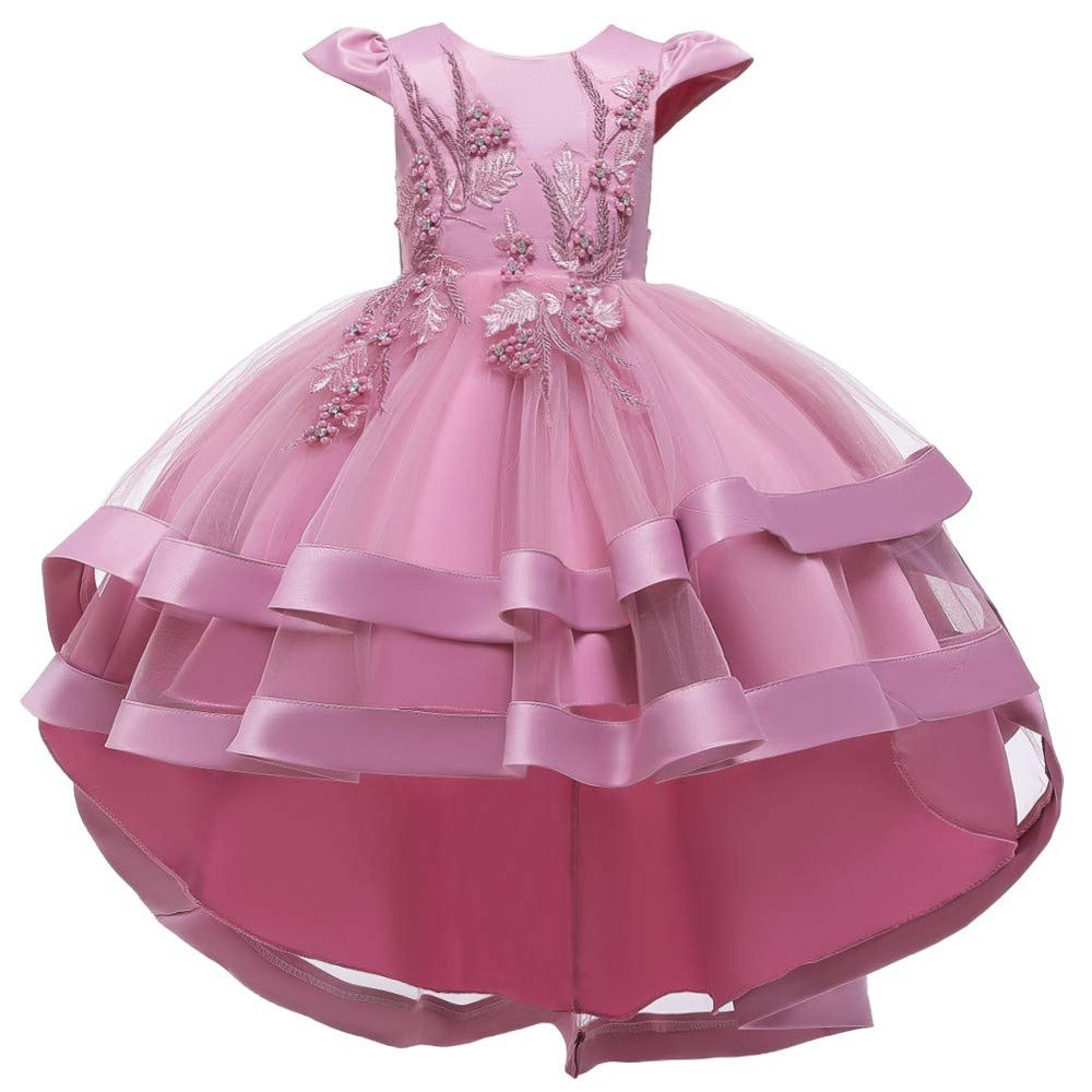 FMYFWY Girls Embroidery High Low Tulle Dresses Cap Sleeves Princess Wedding Birthday Pageant Formal Party Evening Dance Gown Dusty Rose 11-12T