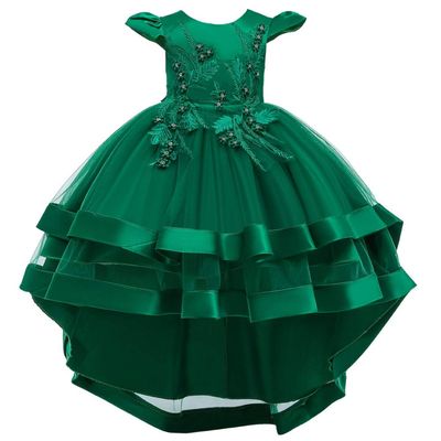 FMYFWY Girls Embroidery High Low Tulle Dresses Cap Sleeves Princess Wedding Birthday Pageant Formal Party Evening Dance Gown Deep Green 11-12T
