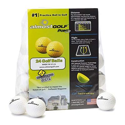 AG AlmostGolf Limited Flight Practice Balls - 24 Pack, White - Foam Golf Training Aids for Indoor or Yard Practice - Includes 24 Balls With 5 Liberty Tees