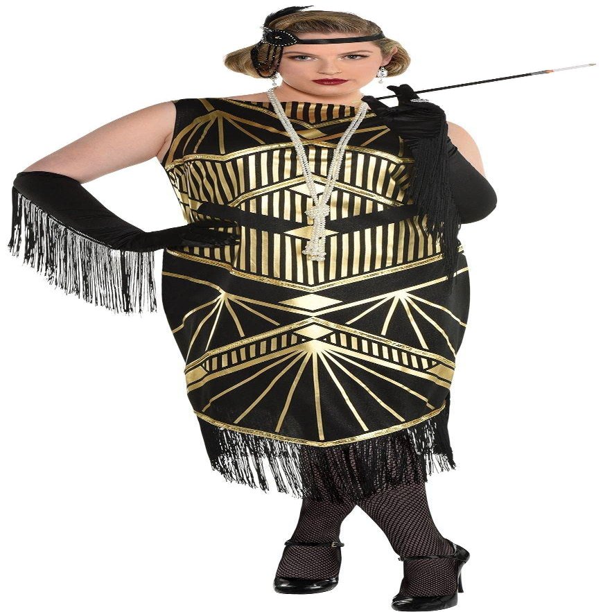 amscan Roaring 20's Flapper Costume Kit - Plus XXL (18-20), Black/Gold - 1 Set