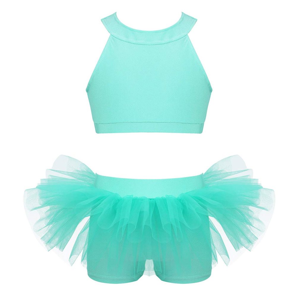 Aislor Kids Girls Shiny Sequins Mock Neck Jazz Latin Ballet Dance Leotard Jumpsuit Dancewear Costumes Mint Green 2PCS 12 Years