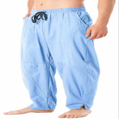 CLANMILUMS Men's Cotton Linen Pants Casual Drawstring Summer Beach Loose Trousers (Large, Blue)