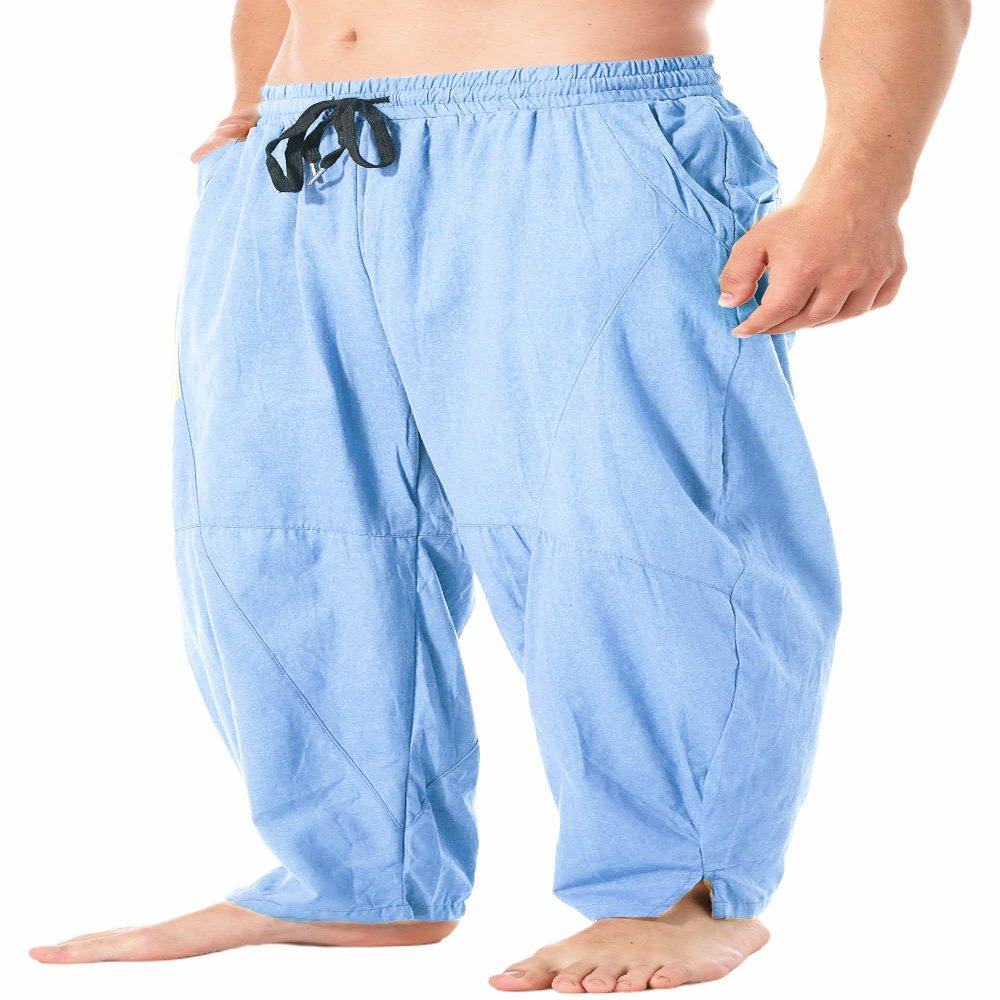 CLANMILUMS Men's Cotton Linen Pants Casual Drawstring Summer Beach Loose Trousers (Large, Blue)