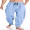 CLANMILUMS Men's Cotton Linen Pants Casual Drawstring Summer Beach Loose Trousers (Large, Blue) view 2