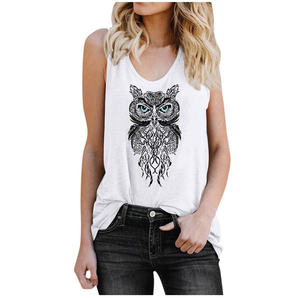 Womens Vintage Graphic Print O-Neck Sleeveless Racerback Tank Tops Boho T-Shirt Blouse White