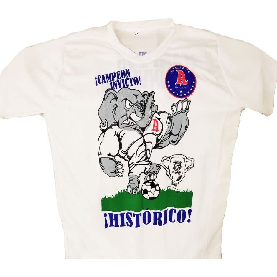 REAS Camisa Alianza FC Blanca de Campeon Invicto Con su mascota el Elefante grabado en la Tela - El Salvador (Large)