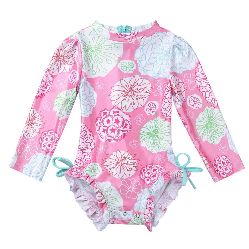 QinCiao Toddler Baby Girls Floral One Piece Long Sleeve Rash Guard Swimsuit Shirt Top Sun Protection Swimwear Bodysuit Pink 12-18 Months