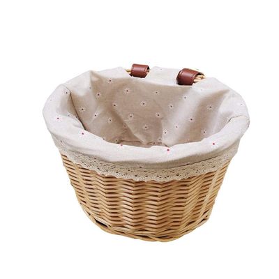 Wicker Front Handlebar Basket, Hand-Woven Folk Bicycle Handlebar Storage Basket with Authentic Leather Straps & Brass Buckles Washable Liner for Children Bikes