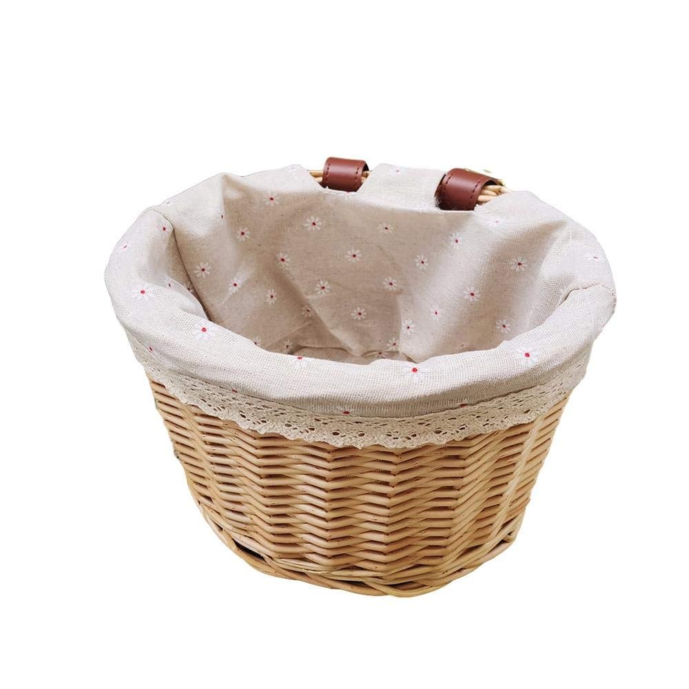 Wicker Front Handlebar Basket, Hand-Woven Folk Bicycle Handlebar Storage Basket with Authentic Leather Straps & Brass Buckles Washable Liner for Children Bikes