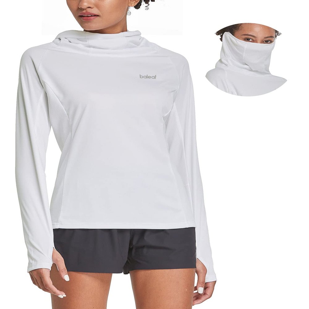 baleaf Women's Long Sleeve Rash Guard with Face Cover UPF 50+ Swim Shirts Sun Hoddie Lightweight Quick Dry SPF Hiking Fishing Running Tops White Size XXL