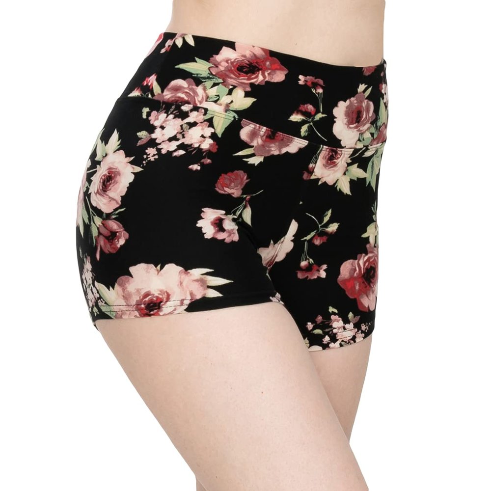 ALWAYS Women Workout Yoga Shorts - Premium Soft Solid Stretch Cheerleader Running Dance Volleyball Short Pants Floral 1882 Black 2XL
