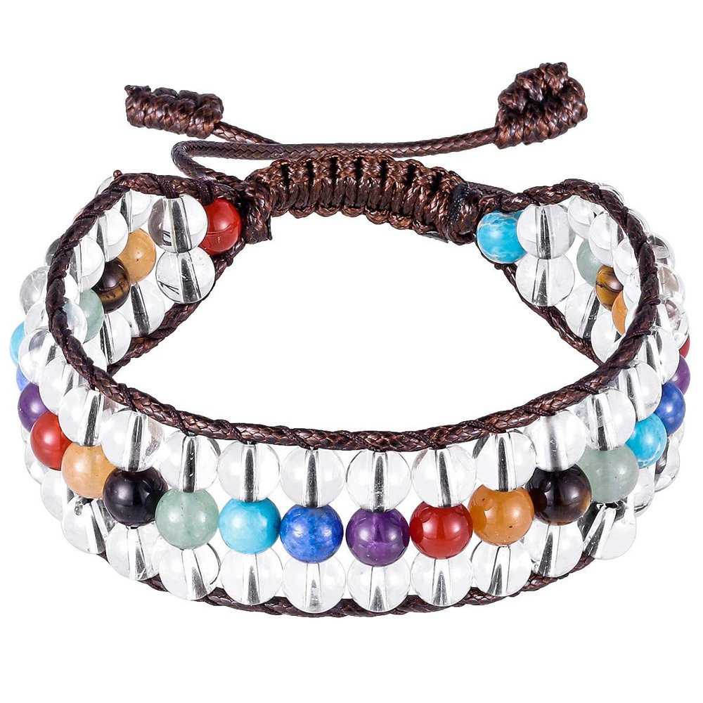 TUMBEELLUWA Healing Strand Crystal Stone Beaded Bracelet for Men and Women Adjustable Triple-Layered Stone Macrame Bracelet, Rock Quartz and 7 Chakra Stone