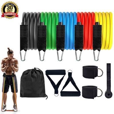 FITKRAZE Resistance Band Set, Stackable Workout Bands, Includes 5 Exercise Bands, 2 Foam Handles, Door Anchor, 2 Legs Ankle Straps & Carrying Case, for Arms, Legs and Full Body Training.