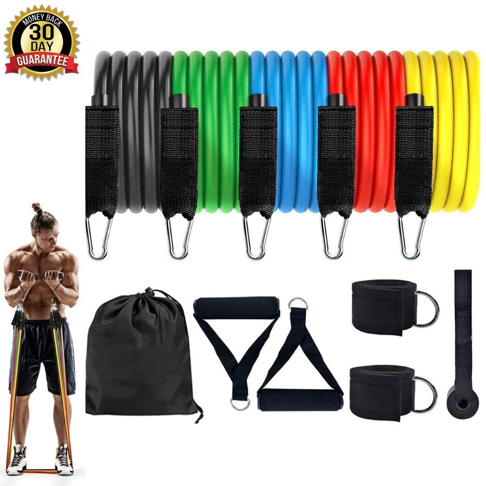 FITKRAZE Resistance Band Set, Stackable Workout Bands, Includes 5 Exercise Bands, 2 Foam Handles, Door Anchor, 2 Legs Ankle Straps & Carrying Case, for Arms, Legs and Full Body Training.