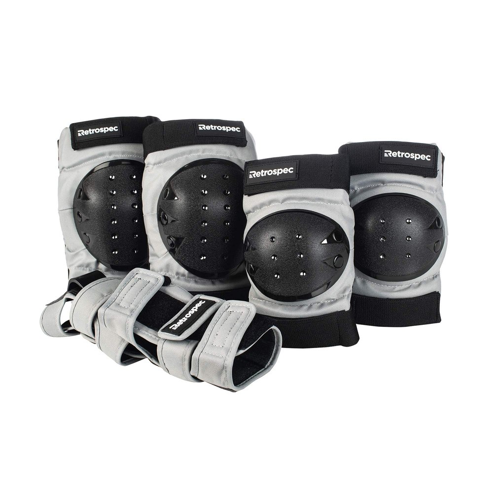 Retrospec Adult/Youth/Child Knee Pads Elbow Pads and Wrist Guards Protective Gear for Skateboarding Roller Skate BMX and Scooter Multi Sport Pad Set, Gray, Youth (10-14 Years)