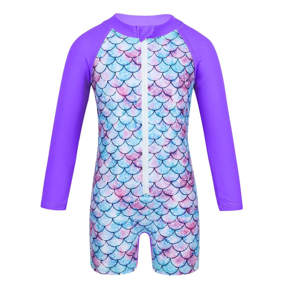 winying Baby Girls One Piece Long Sleeves Mermaid Scales Printed Swimsuit Rash Guard Bathing Suit Purple 6-12 Months