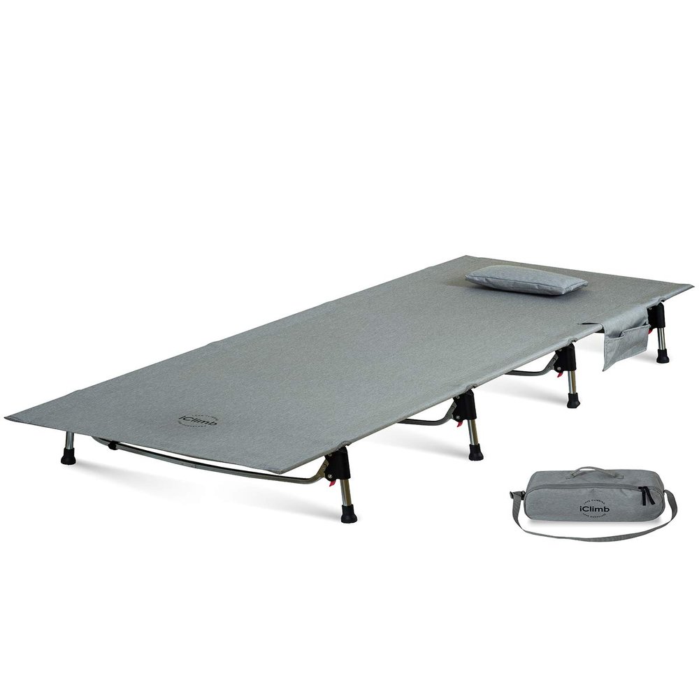 iClimb Super Easy Assemble Folding Cot Ultralight Compact Heavy Duty with Carry Bag for Adults Camping Backpacking (Grey)