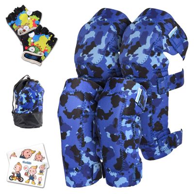 Soft-Style Kids Knee and Elbow Pads with Bike Gloves, Flexible Impact-Resistant Gear for Ages 2-11, Designed for Balance Bikes, Roller-Skating, and Skateboarding ((2nd Gen) Ocean Camo, Small)