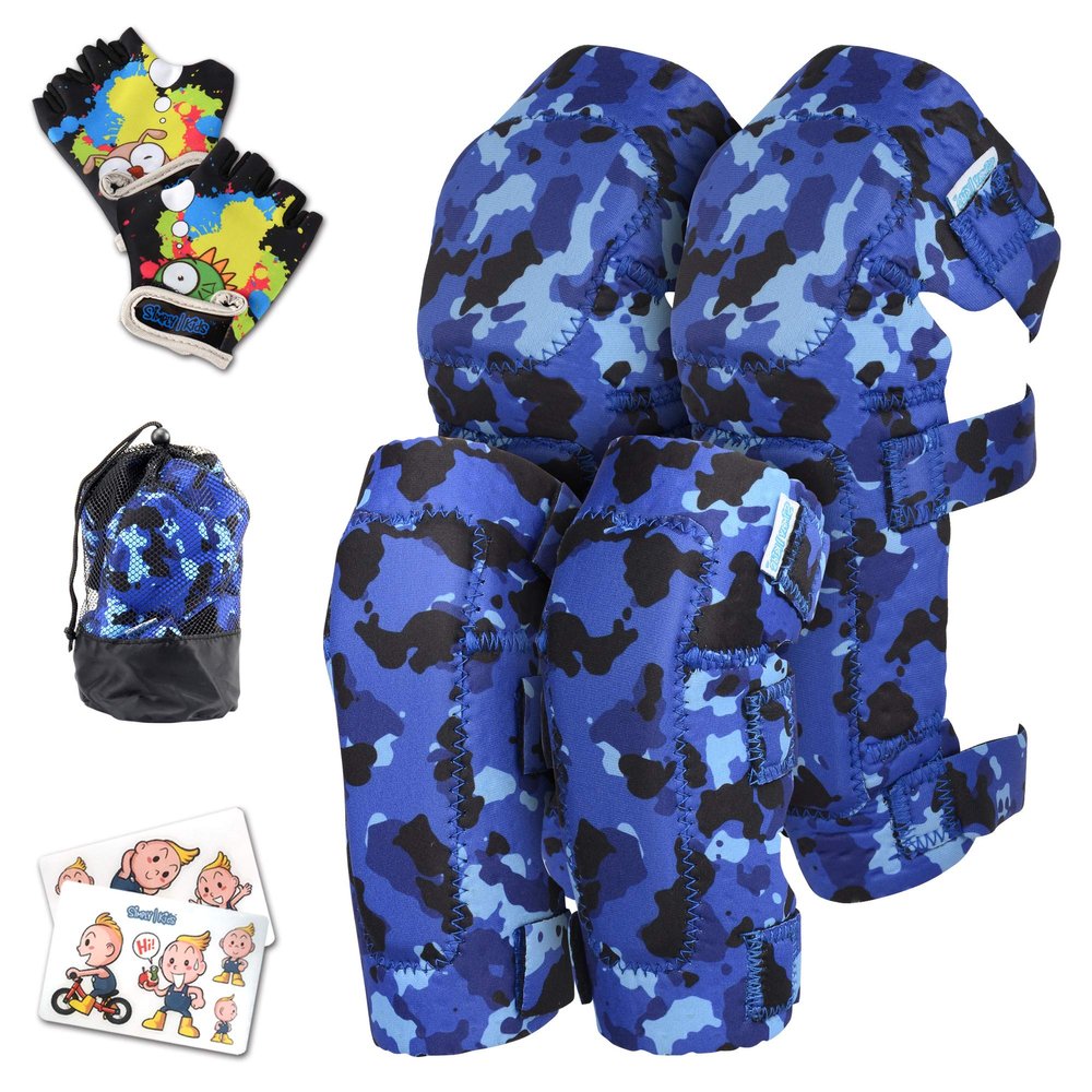 Soft-Style Kids Knee and Elbow Pads with Bike Gloves, Flexible Impact-Resistant Gear for Ages 2-11, Designed for Balance Bikes, Roller-Skating, and Skateboarding ((2nd Gen) Ocean Camo, Small)