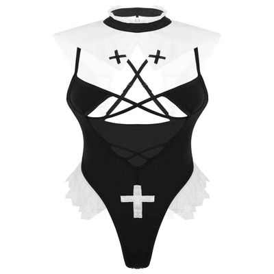 ACSUSS Womens Sexy Lingerie Deep V Front High Cut Thong Leotard Bodysuit Nun Cosplay Costumes Black One Size