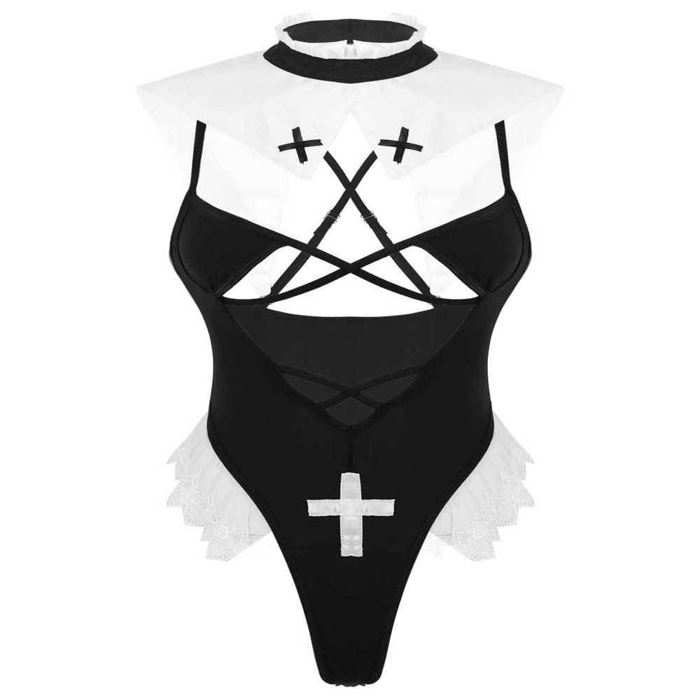 ACSUSS Womens Sexy Lingerie Deep V Front High Cut Thong Leotard Bodysuit Nun Cosplay Costumes Black One Size